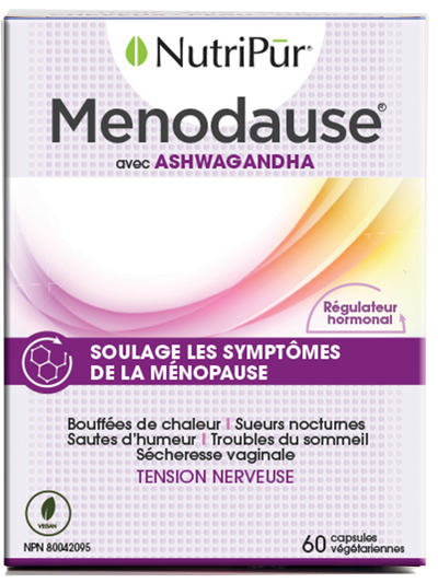 Menodause - Nutripur - avec ashawandha - soulage les symptomes de la menopause - bouffées de chaleures - sueurs nocturnes - sautes d'humeur - troubles du sommeil - sécheresse vaginale - tension nerveuse 